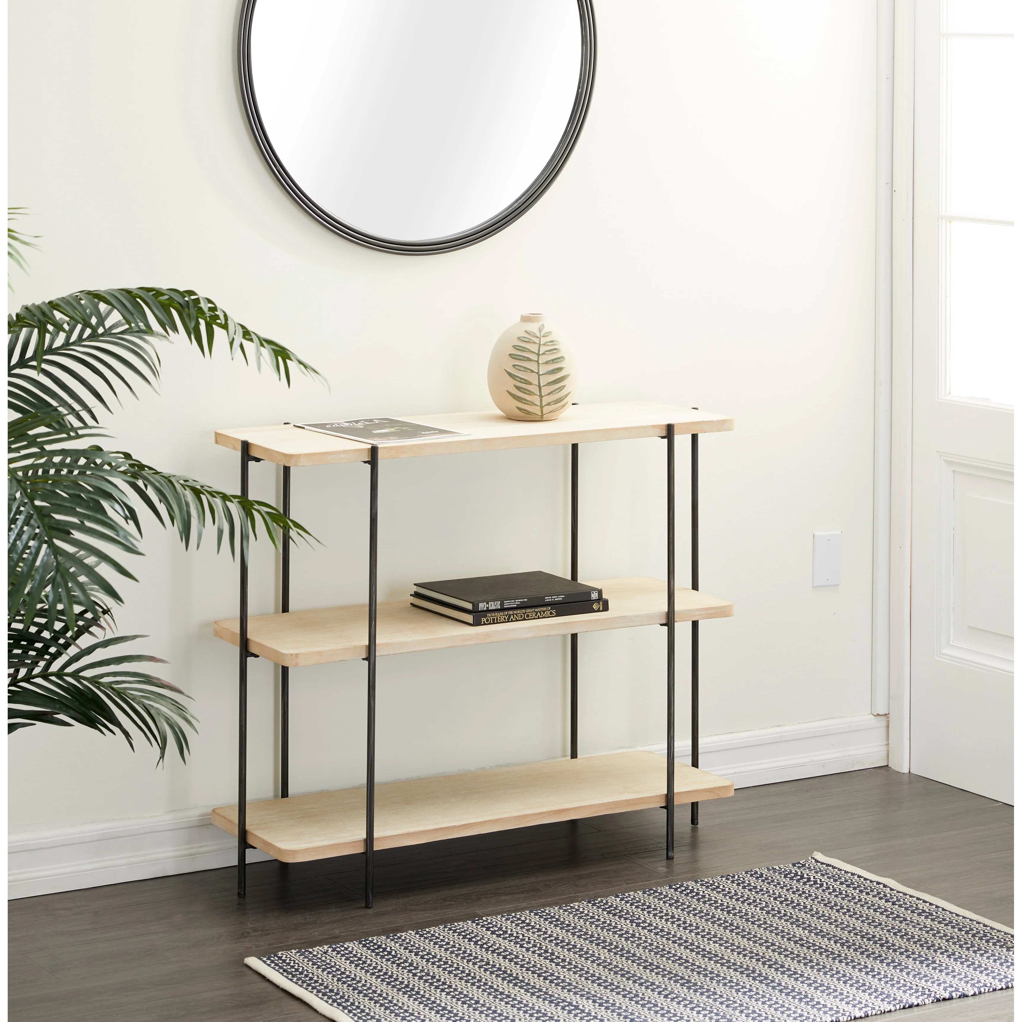 Wood 2 Shelves Console Table with Slim Black Metal Legs - Beige - Roche River Decor - 14W x 40L x 32H