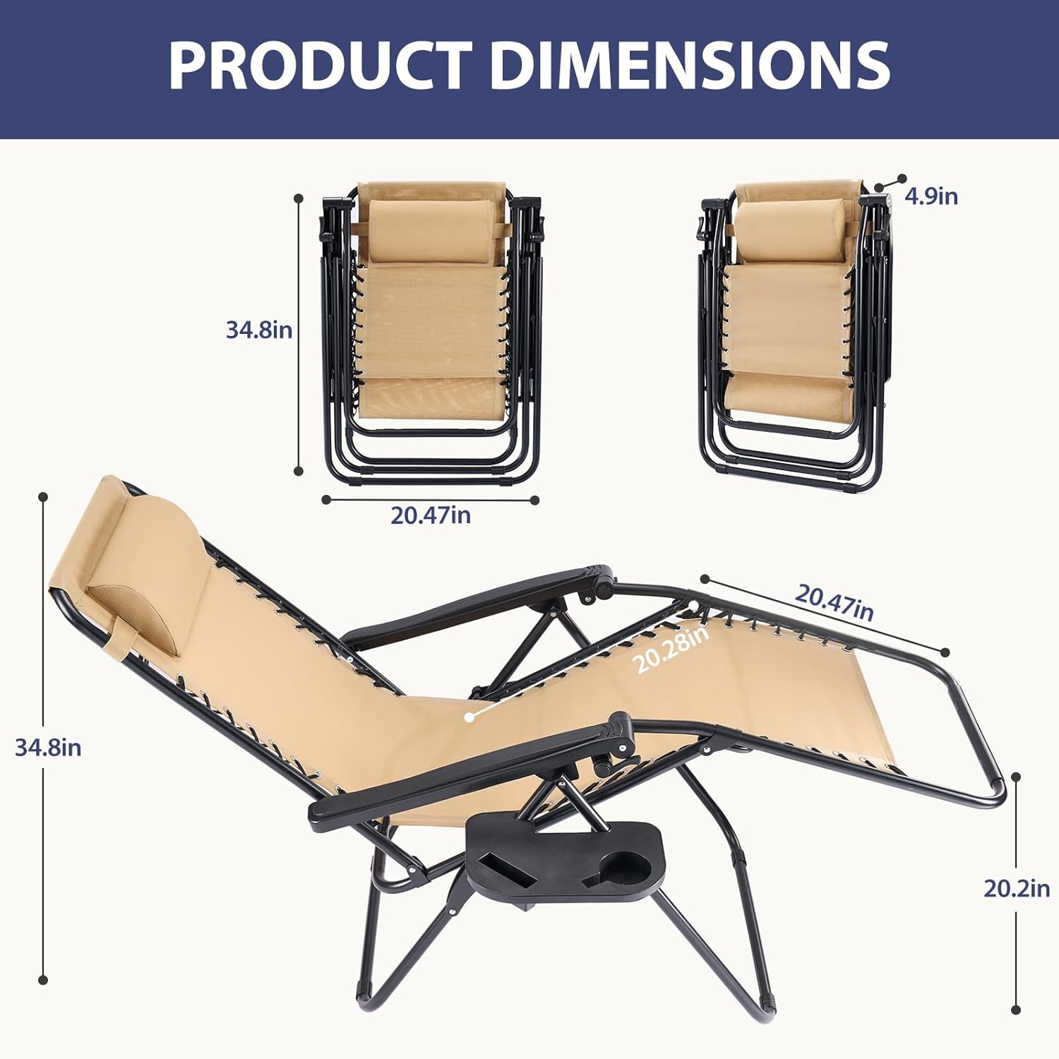 Sweetcrispy Zero Gravity Chairs, Set of 2 Portable Recliner Beach Camping Patio Outdoor Folding Lounge Chair with Cup Holder Trays and Adjustable Pillow for Poolside, Garden, Backyard, Lawn (Khaki)