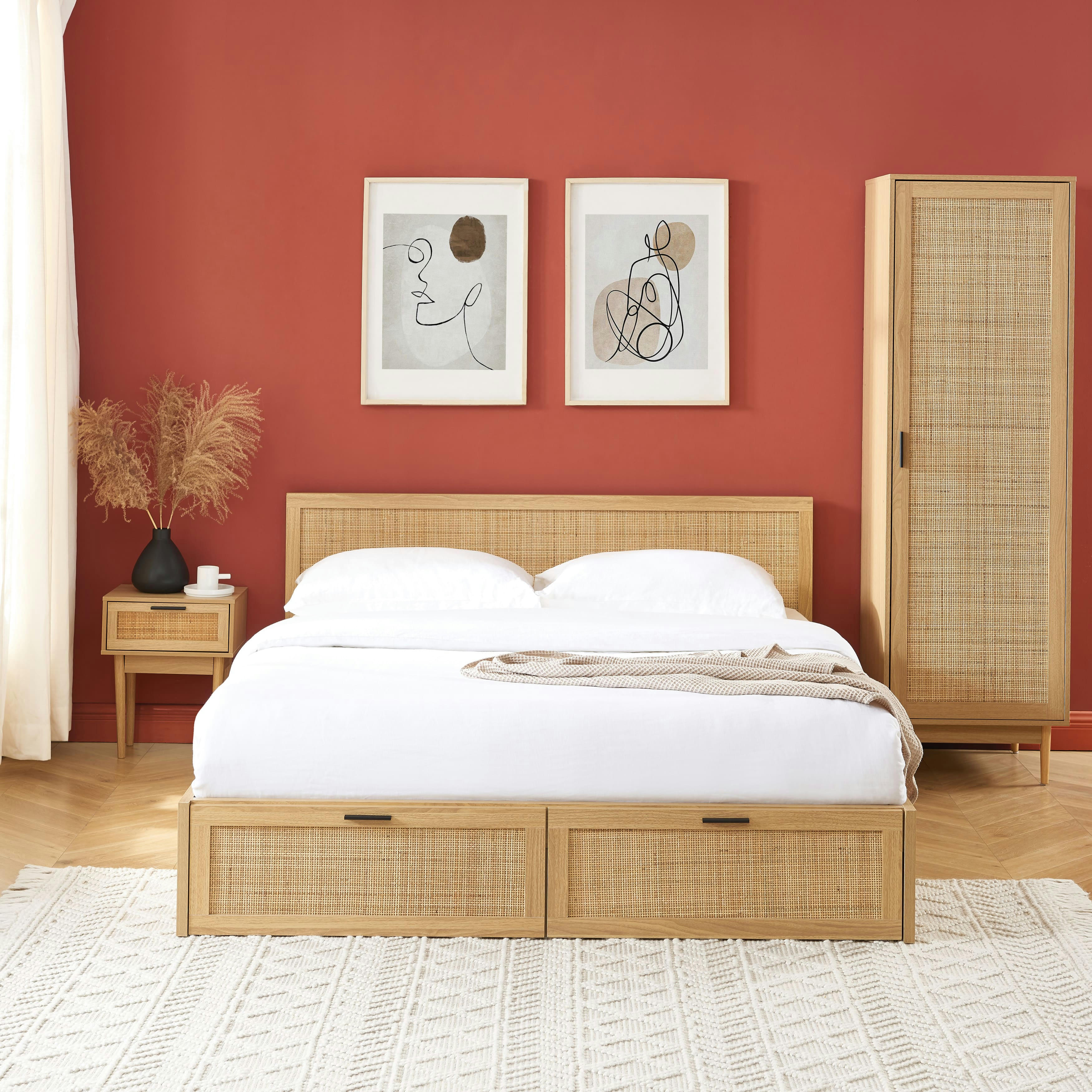 AMANA - Lit à tiroirs  cannage rotin 160x200 sommier inclus