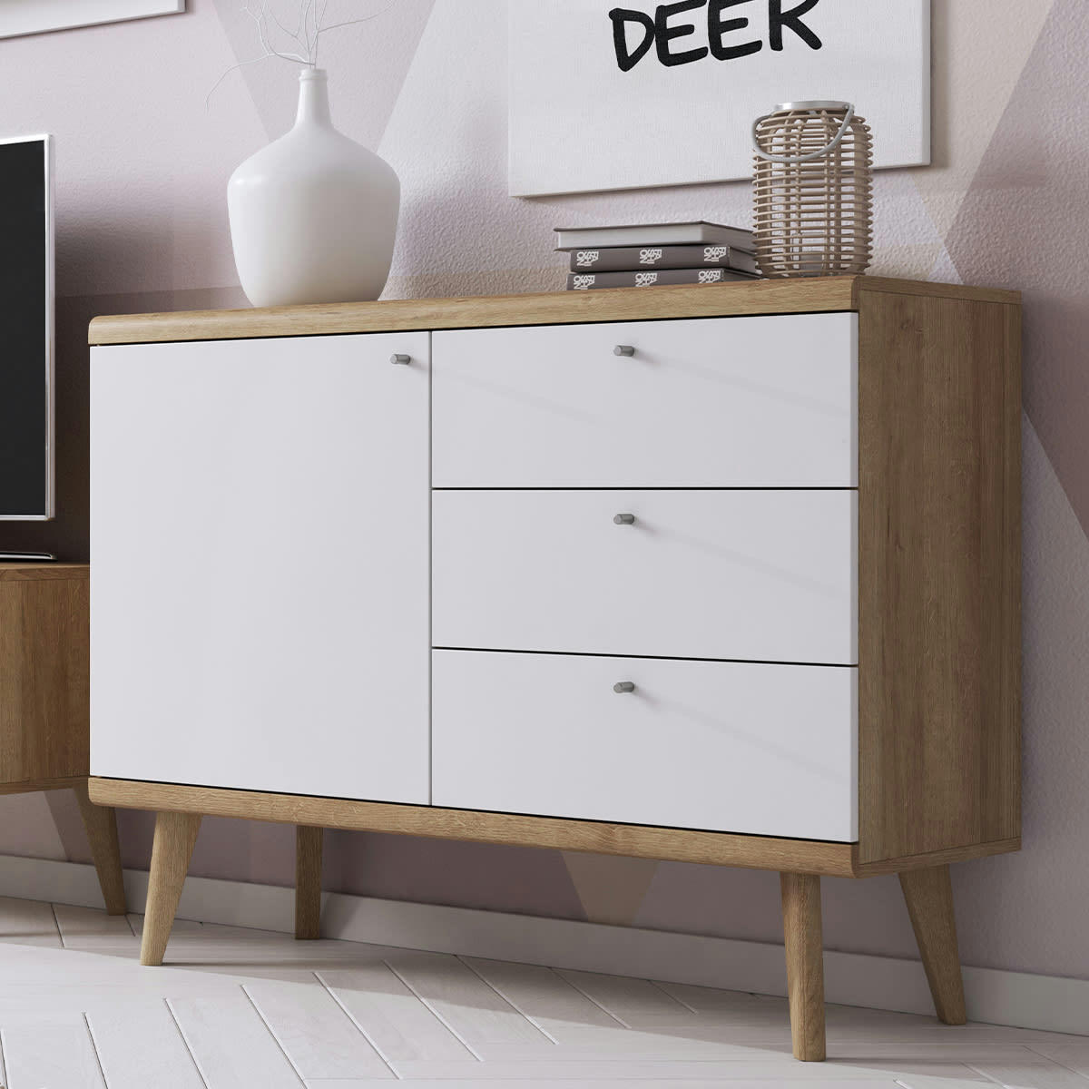 - Buffet 1 porte 3 tiroirs naturel et blanc