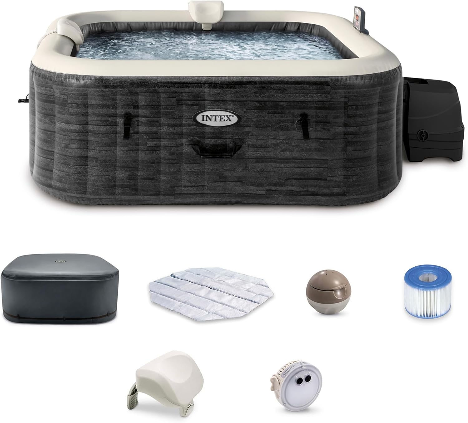 INTEX PureSpa Greystone Deluxe Inflatable Hot Tub  with with Built-in FastFill Inflation System  Spa Control App  and 4 Person Capacity  83 x 28