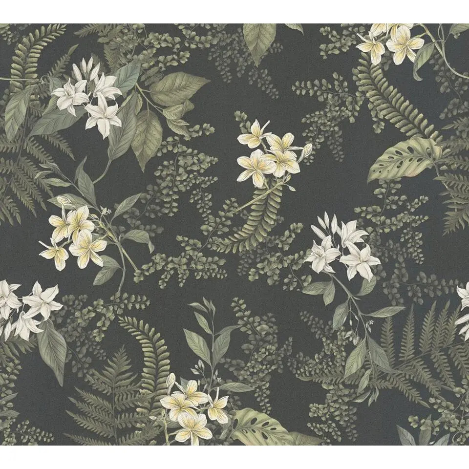 Livingwalls behang planten zwart, donkergroen, wit en geel - 53 cm x 10.05 m