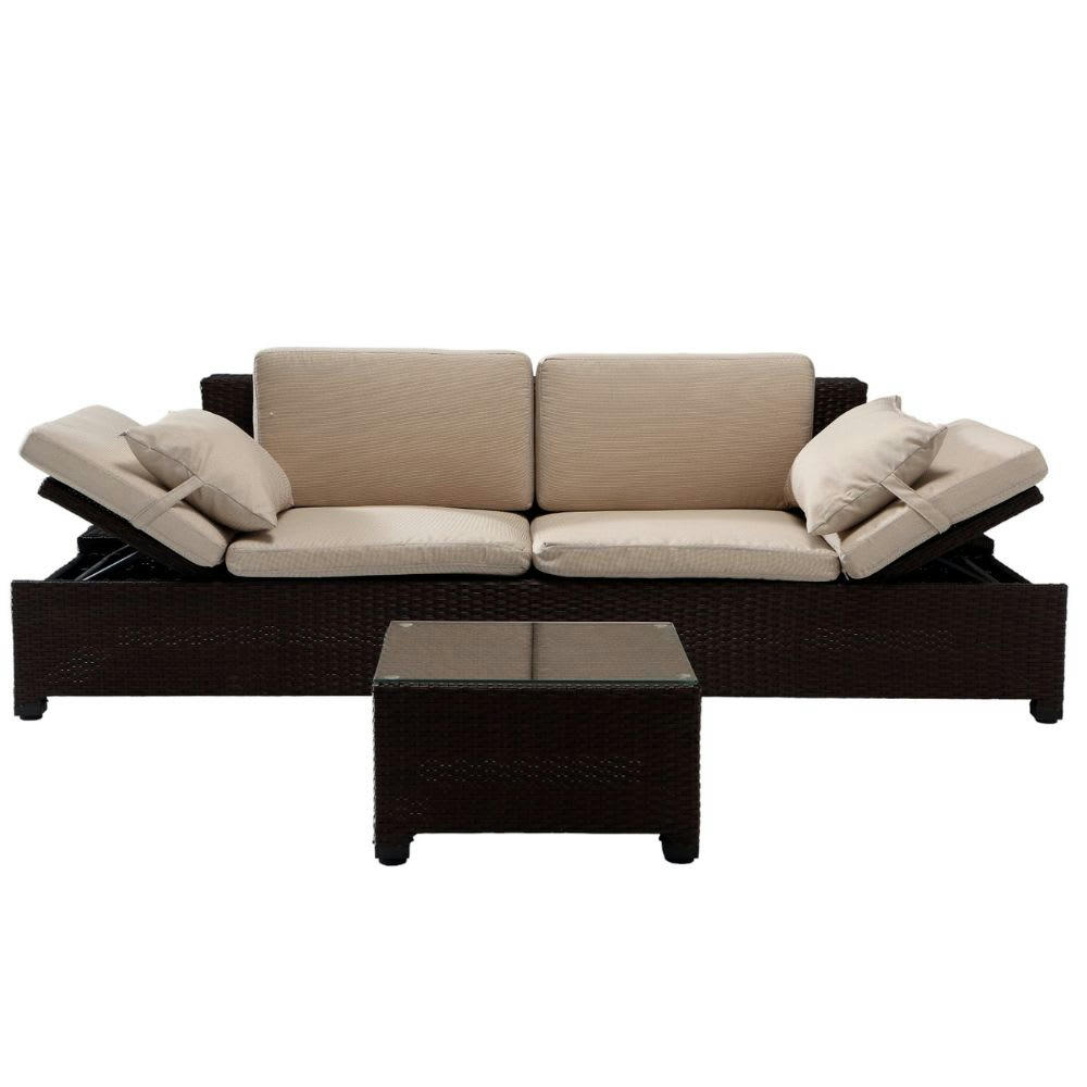 CORFOU - Canapé de jardin en résine tressée écru et chocolat