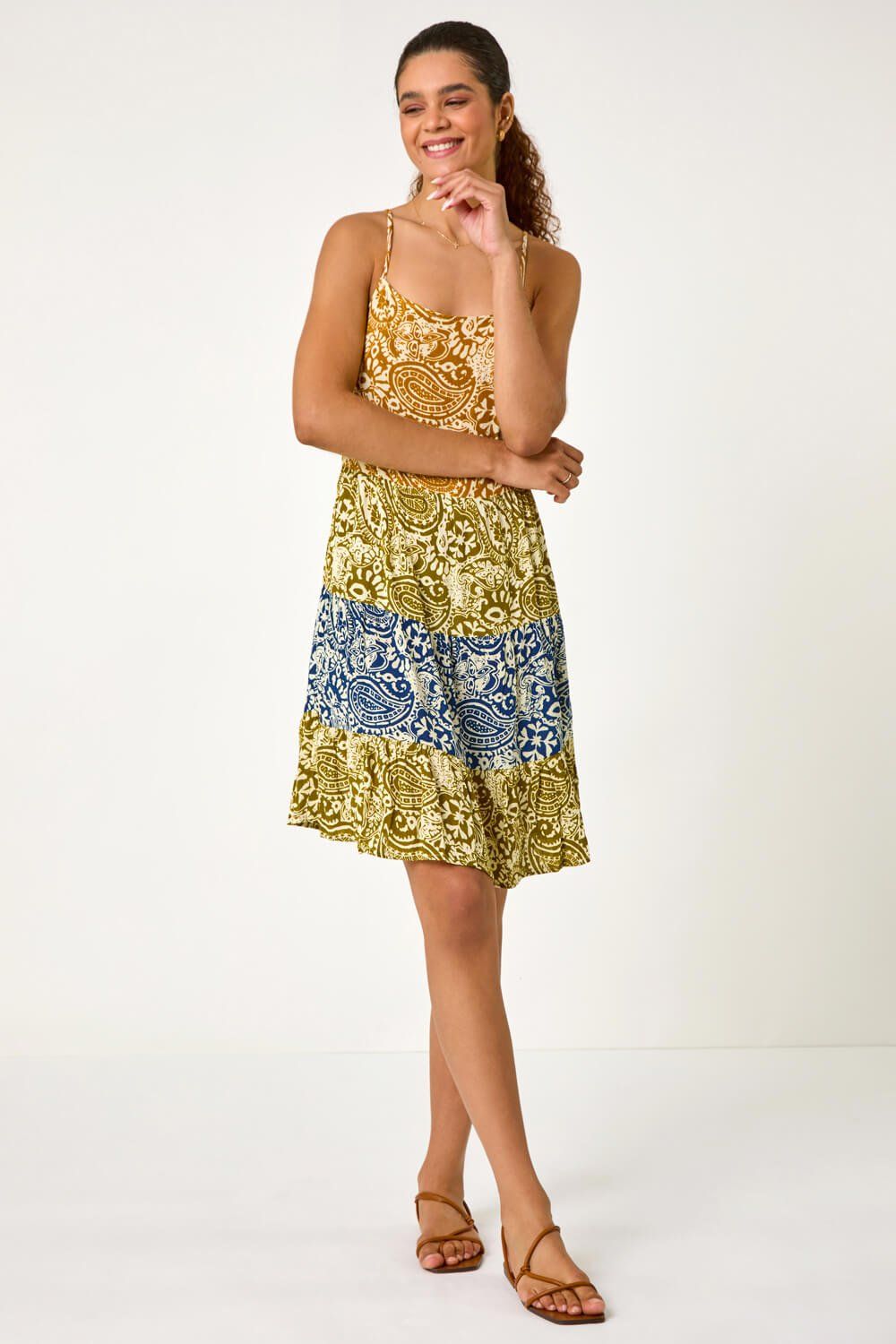 Roman Patchwork Paisley Print Tiered Dress