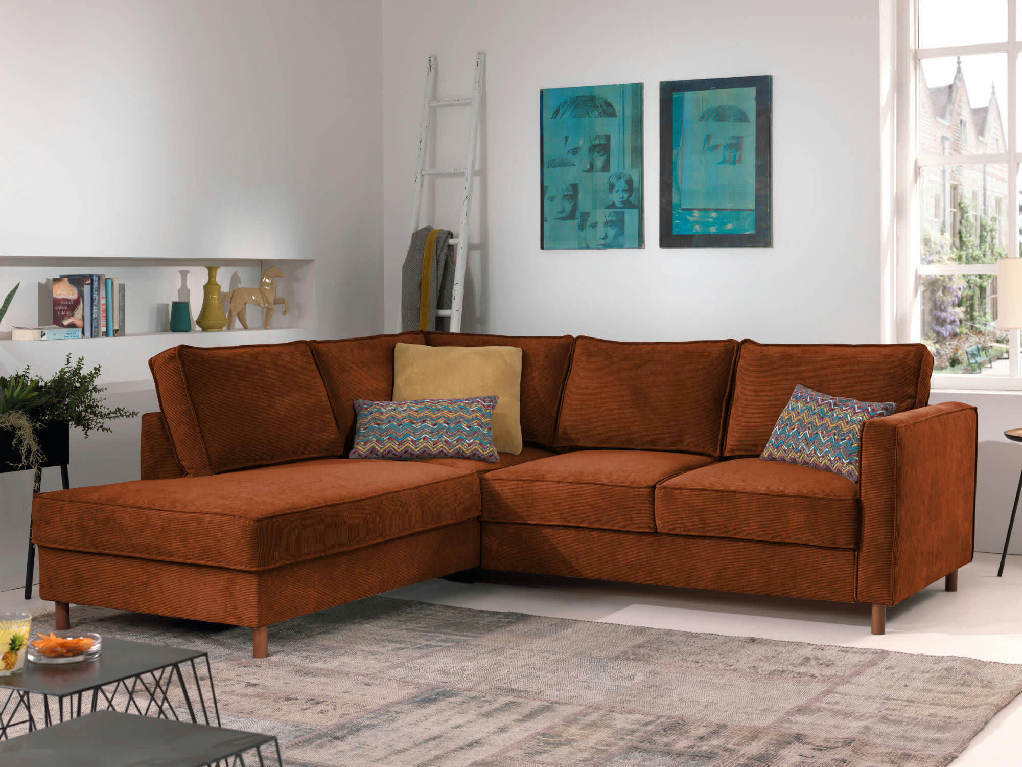 JAKE - Canapé d'angle gauche convertible 5 places en velours côtelé rouille