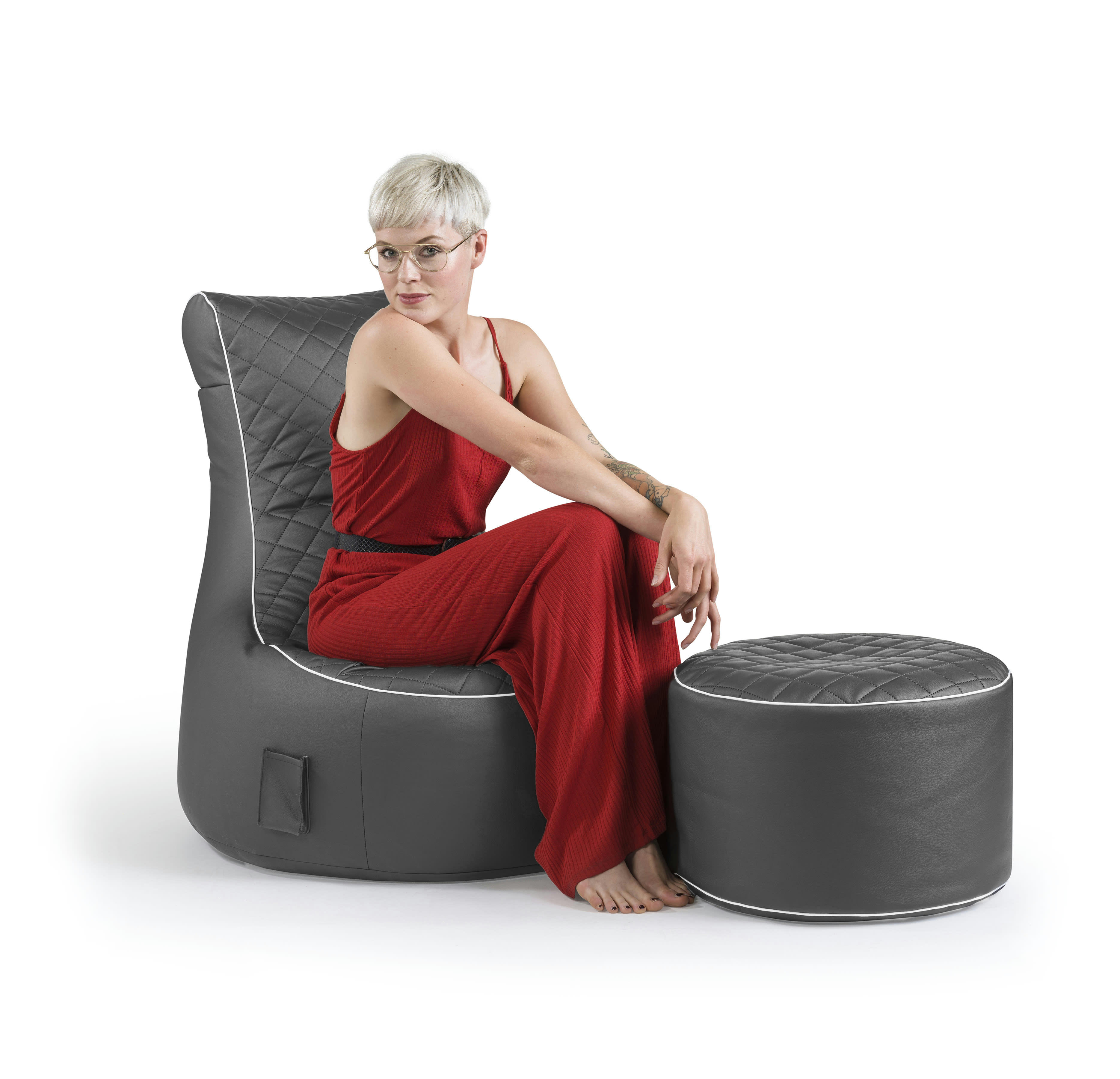 SWING MODO - Pouf  noir avec piqure sellerie et passepoil blanc 95x65x90