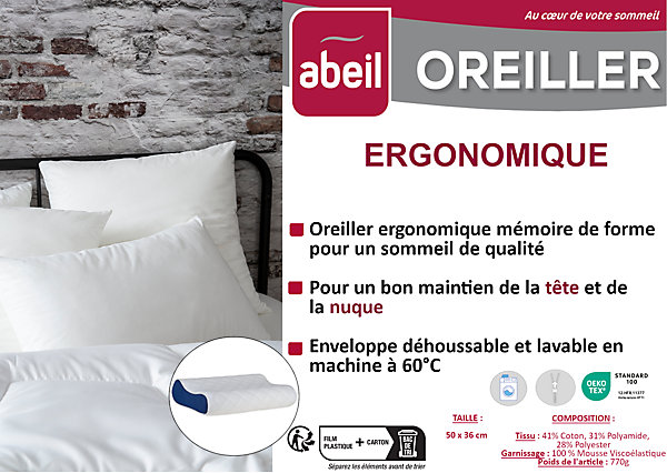 Oreiller ergonomique à mémoire de forme 50 x 36 x 10 cm blanc