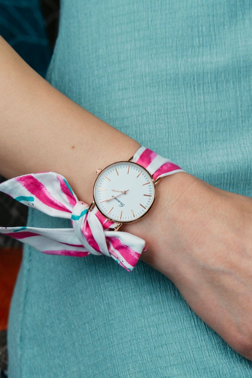 The Colourful Aura Pink Watermelon Print Changeable Fabric Strap Boho Women Wristwatch