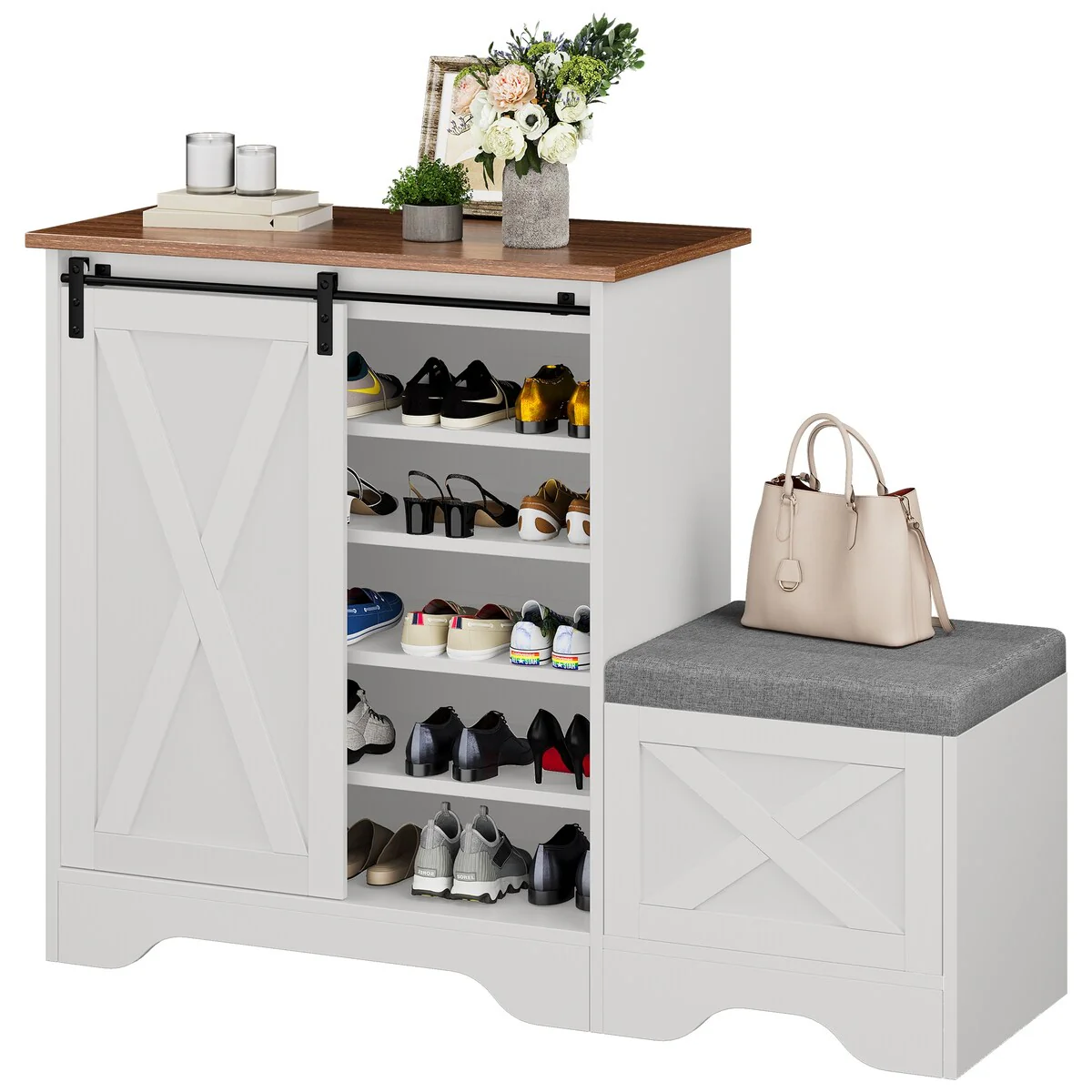 Farmhouse Shoe Cabinet with Sliding Door Shoe Bench 5-Tier Shoe Storage Cabinet with Adjustable Shelves for 20 Pairs