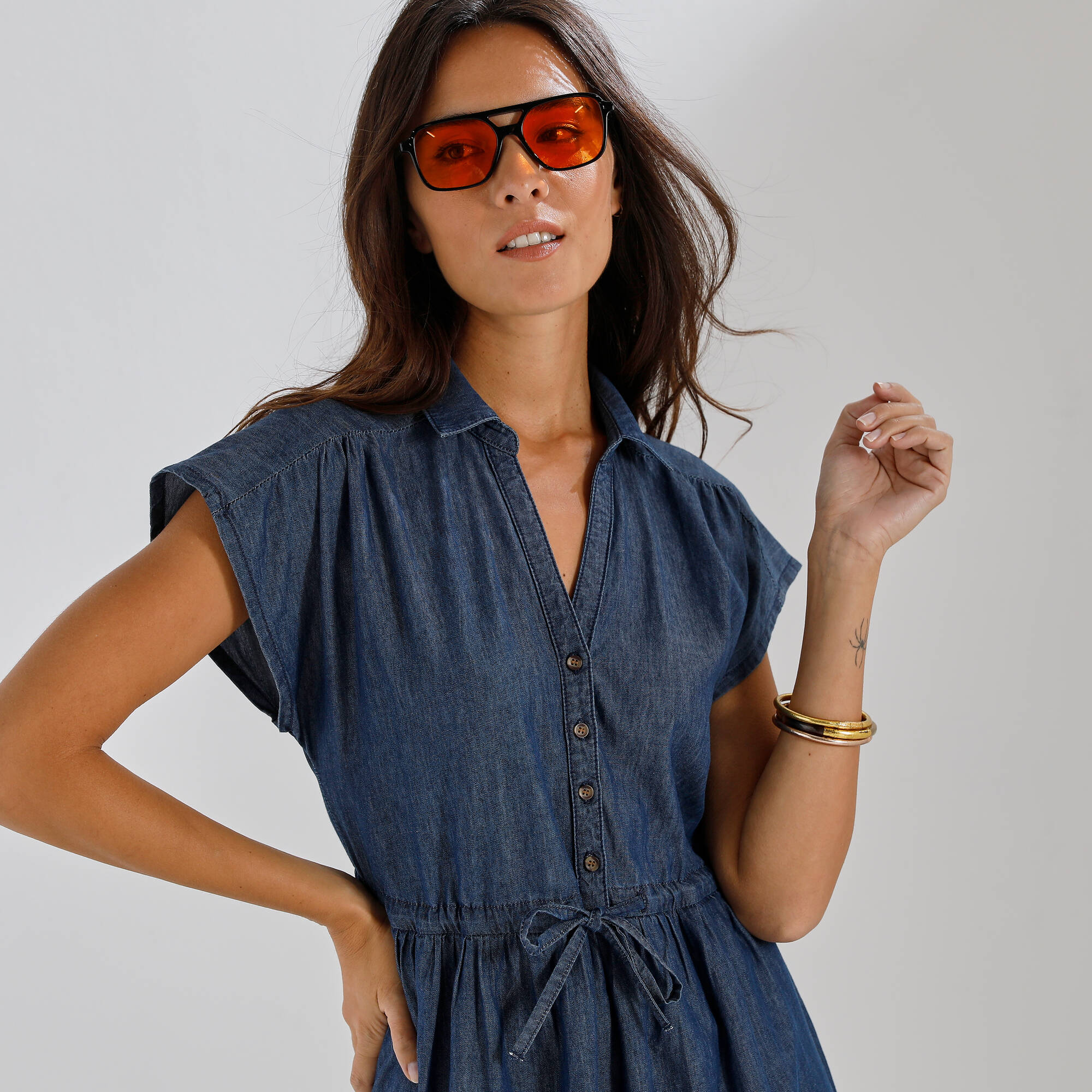 Robe chemisier en jean, manches courtes