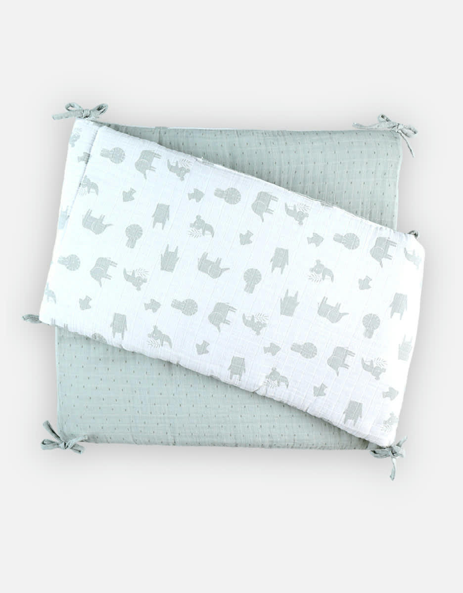 - Tour de lit mousseline de coton bio écru et sauge