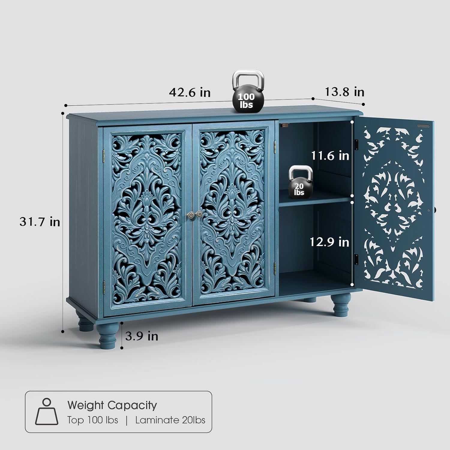 JOINICE Accent Cabinet with 3 Carved Doors, Distressed Blue Sideboard Buffet with Storage & Solid Wood Legs, 43 Vintage Console Table for Living Room, Entryway, Coffee Bar, Hallway