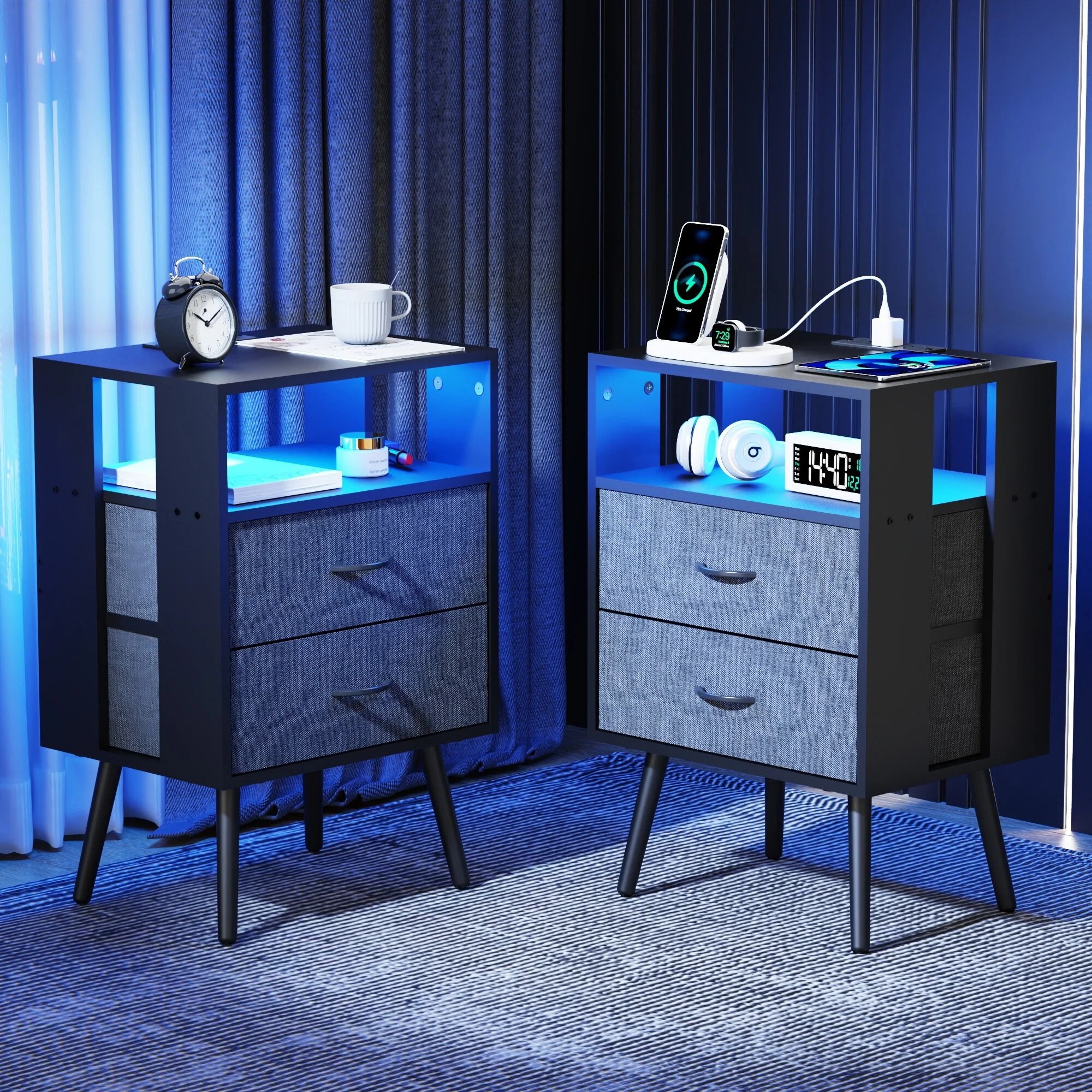 2 Pack Modern Nightstand with Charging Station, Bedside Tables with LED Light and Fabric Drawers