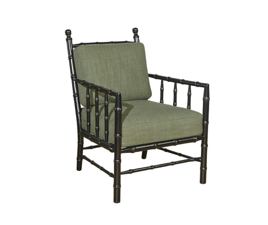 CATHERINE - Fauteuil colonial en bois laqué noir et tissu aspect lin vert kaki