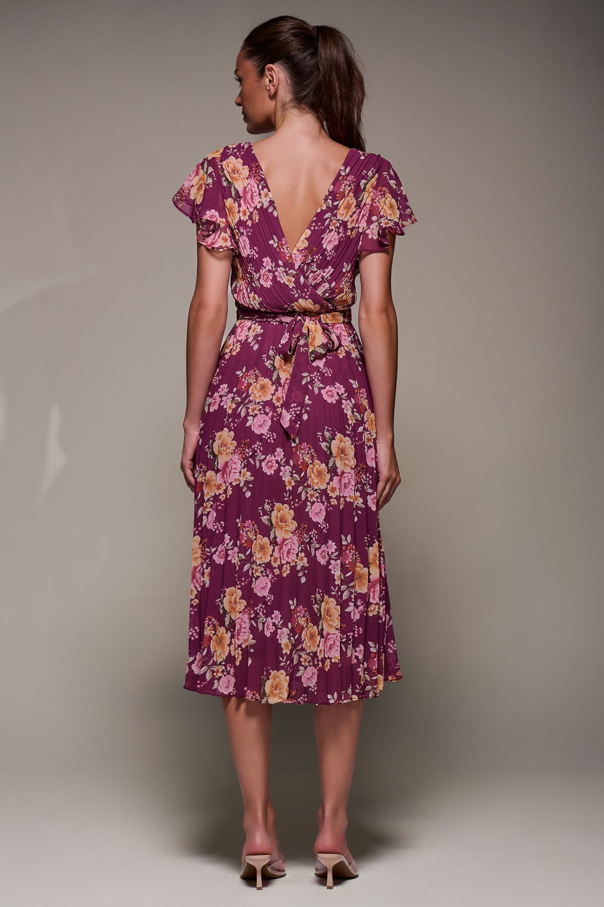 Jolie Moi Printed Ruffle Detail Pleated Chiffon Midi Dress