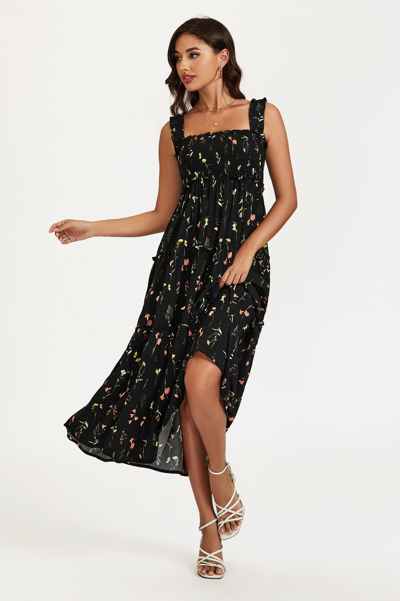 FS Collection Floral Print Hem Detail Tiered Maxi Dress In Black