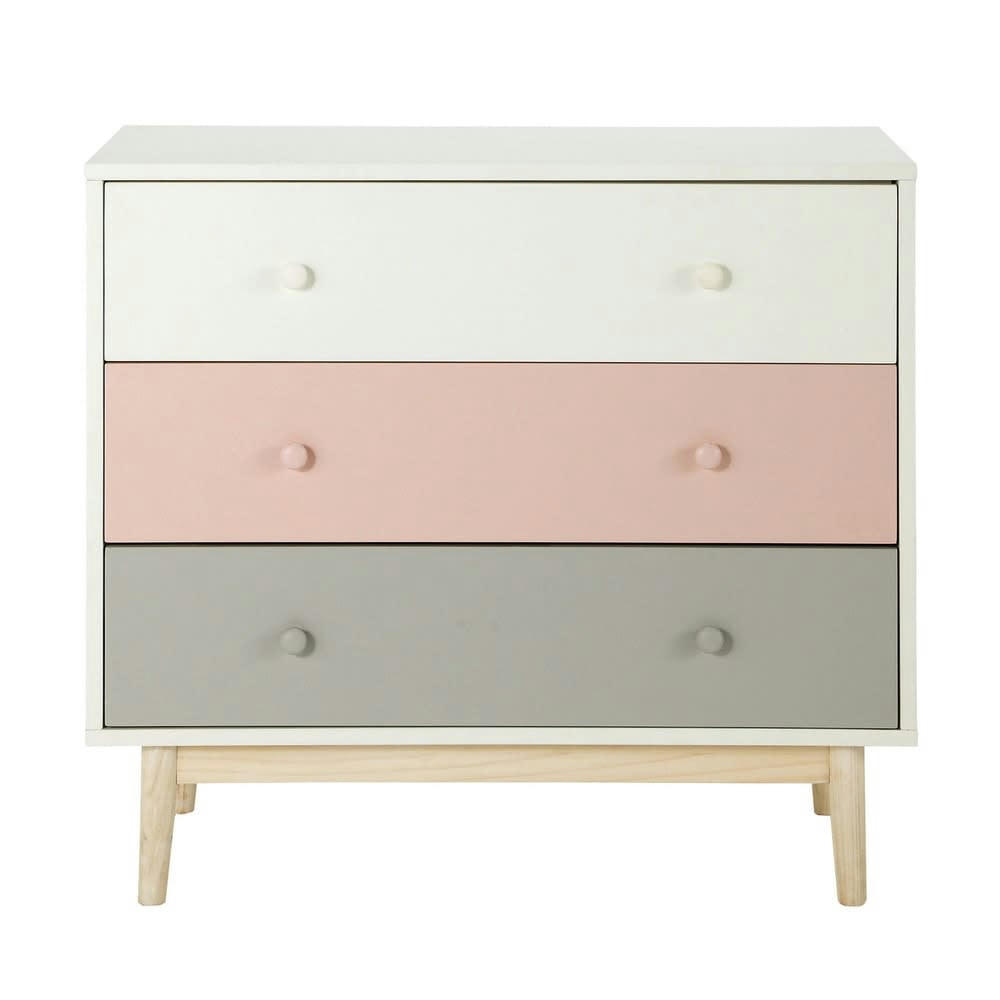 Blush - Commode vintage 3 tiroirs blanche, rose et grise