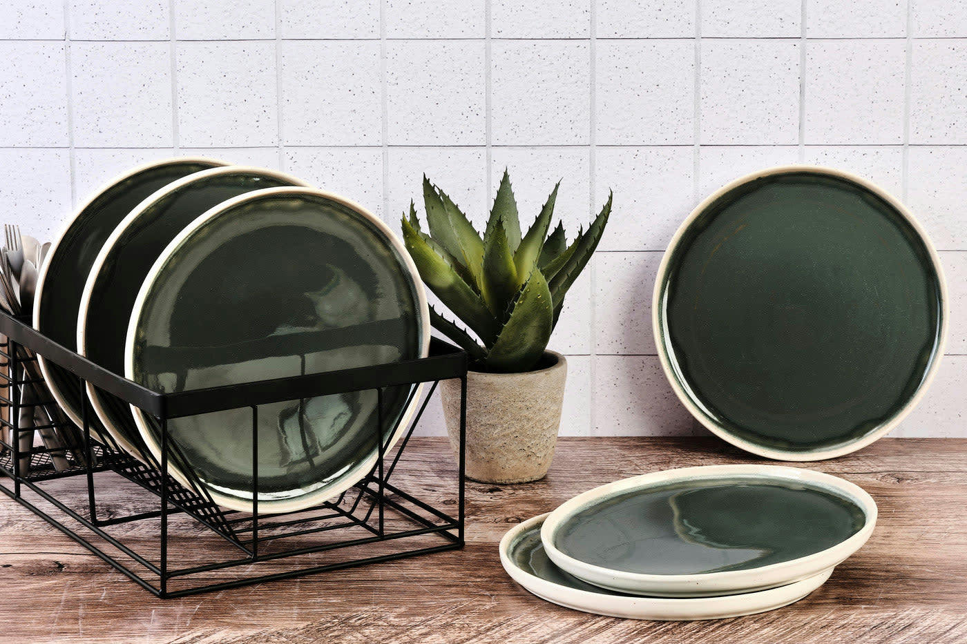 OXYGEN - Lot de 6 assiettes plates en grès vert D27