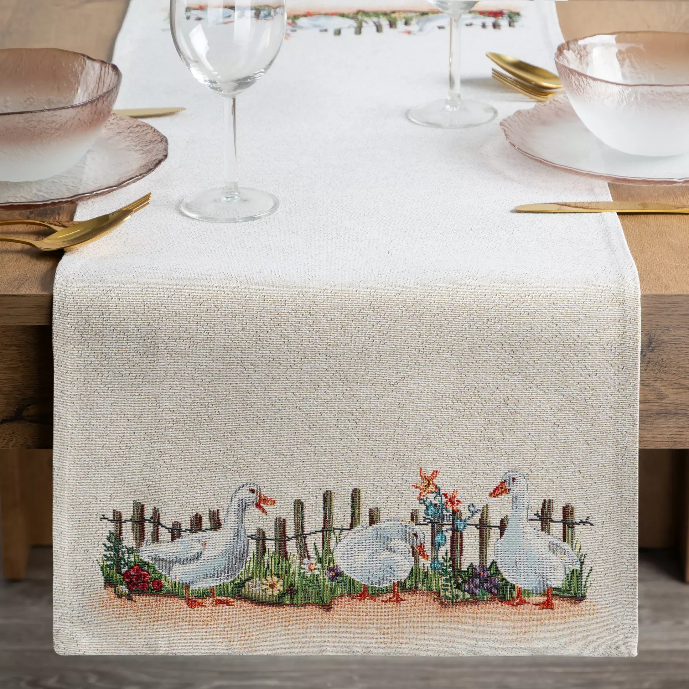 Bieżnik na stół naturalny 40x100 cm gobelinowy z motywem Gęsi