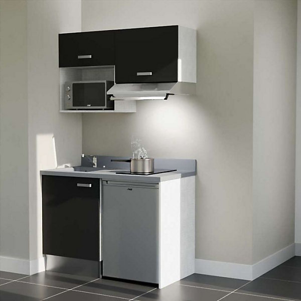 Kitchenette K02 - 120 cm - façades Noir - Plan monobloc en quartz coloris Cromo évier à gauche - Electroménager Inox
