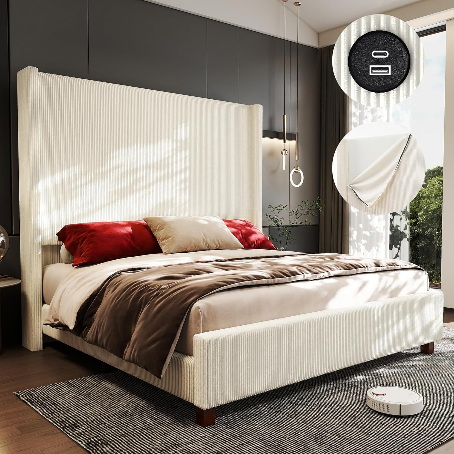 King Size 65.2 Upholstered Bed Frame with USB Charging Station,Soft Washable Corduroy Cover with Wingback Headboard, Solid Wood Legs/Noise-Free/No Box Spring Needed/Beige