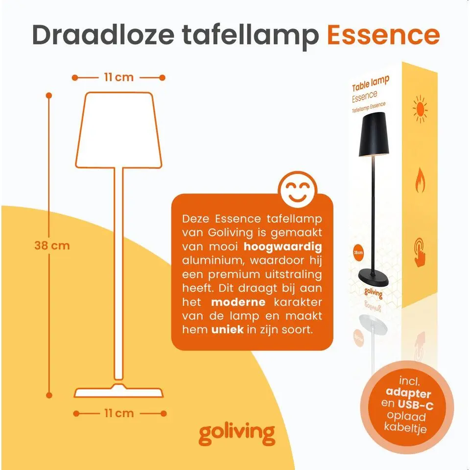 Goliving Tafellamp Oplaadbaar �?Draadloos en dimbaar �?Moderne touch lamp