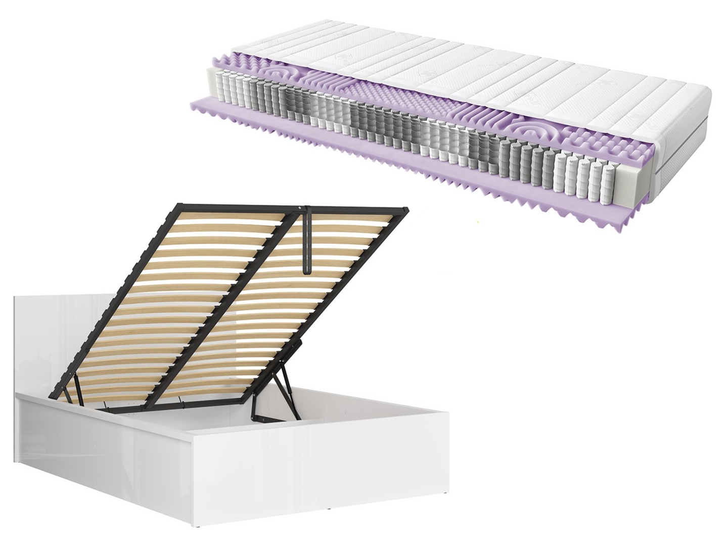 Zestaw łóżko Tetrix biały połysk ze stelażem i materac Mimas 140x200