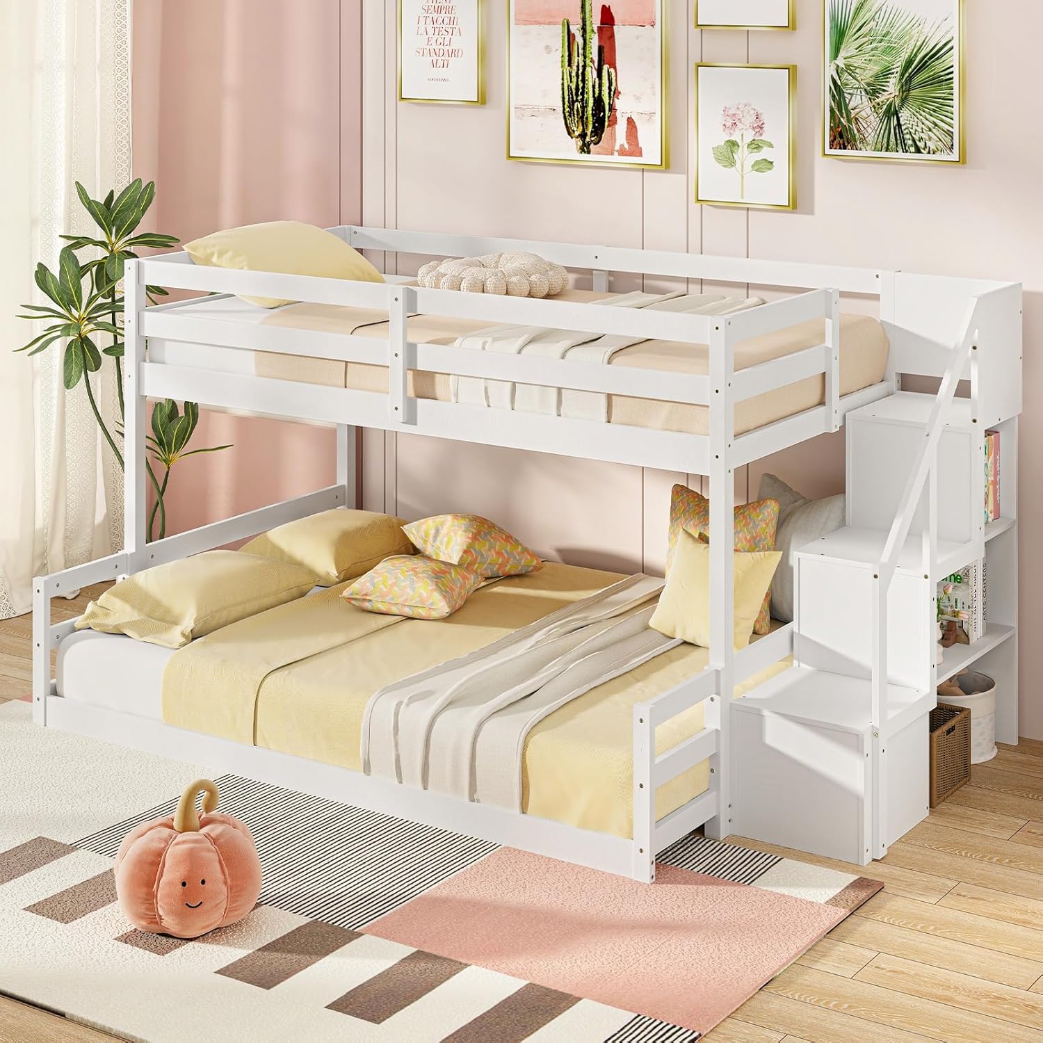 Giantex Twin Over Full Bunk Bed with Stairs, Solid Wood Floor Bunk Bed with Storage Staircase & Full-Length Guardrails, Low Bunk Bed with for Kids, Teens, Adults, Dorm, Small Space, White