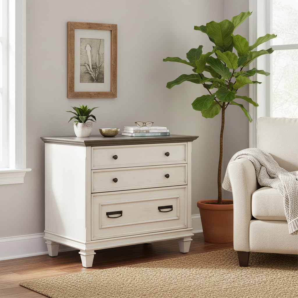 Ashford & Sons Wood Lateral File Cabinet, 31 H x 36 W x 21 D, White Finish, Locking Legal/Letter File Drawers, Ball Bearing Glides, Durable Fully Assembled Office Storage Solution