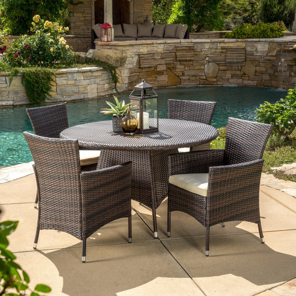 Rodgers Outdoor Multi-Brown 5-piece Dining Wicker Set with Cushions by Christopher Knight Home