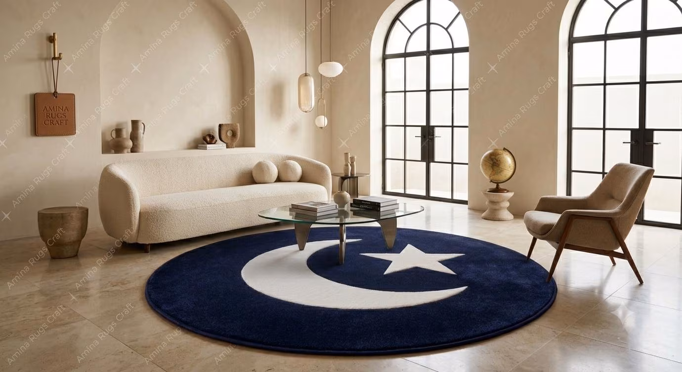 Crescent Moon Rug, Navy Blue Round Rug, Moon and Star Area Rug, Celestial Decor, Modern Handmade Rug, Boho Bedroom Living Room Carpet