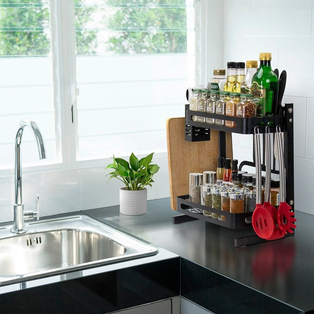 2 Tier Metal Kitchen Spice Rack Countertop Standing Organizer with 3 Hooks, Black