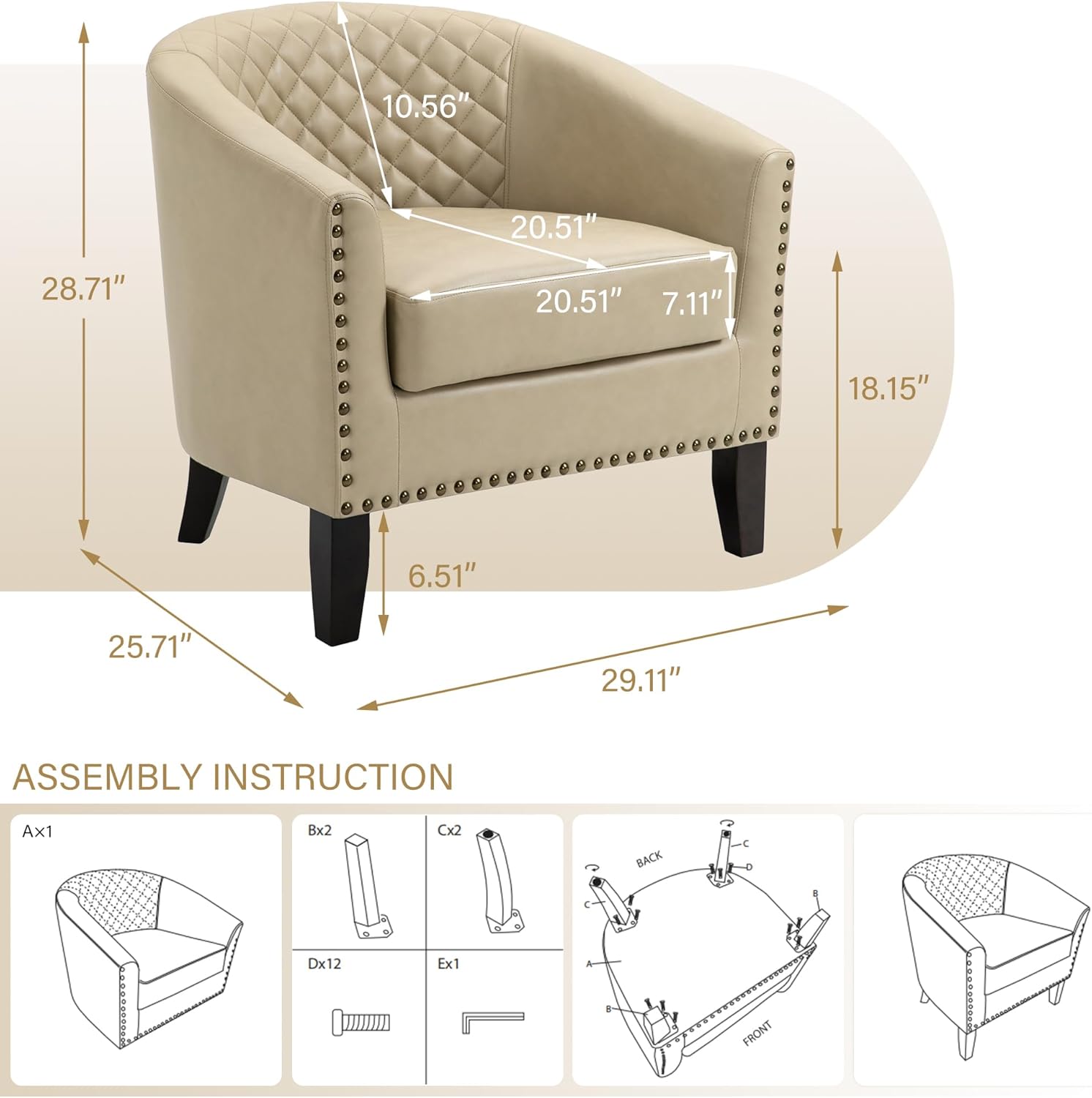 Pia Ricco Faux Leather Barrel Chairs Set of 2, Modern Comfy Accent Chairs, Upholstered Armchair Club Chairs with Nailhead Trim, Single Sofa Barrel Chair for Living Room Reading Room, Beige