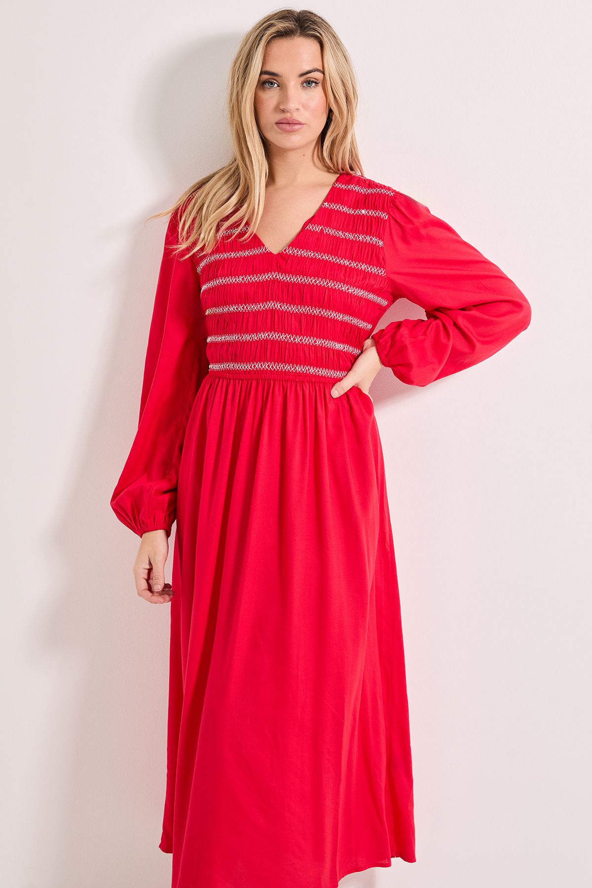 Dorothy Perkins Contrast Stitching Shirred Bodice V Neck Midi Dress