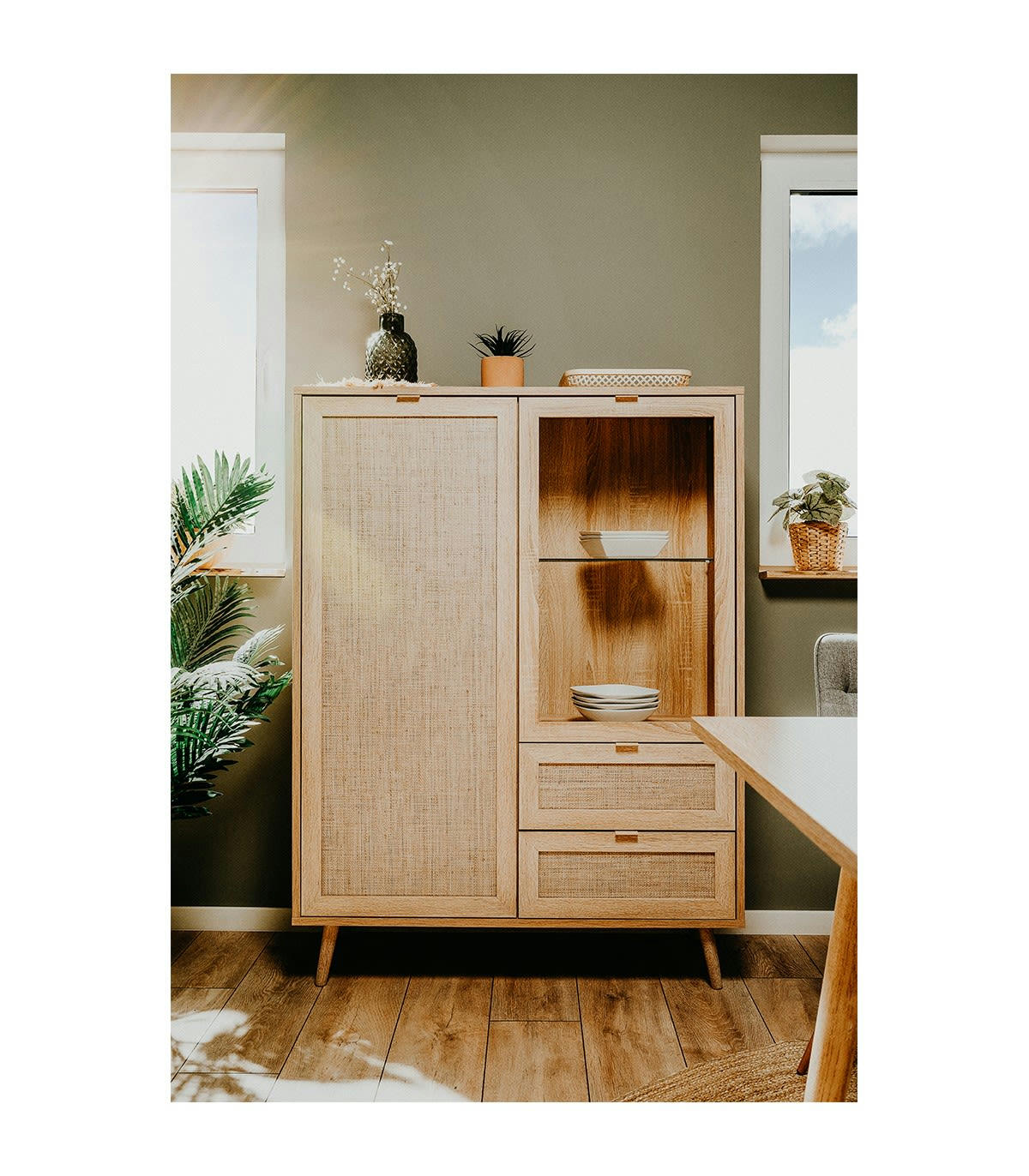 BALI - Vaisselier 2 portes 2 tiroirs L101,5 cm - Impression effet rotin