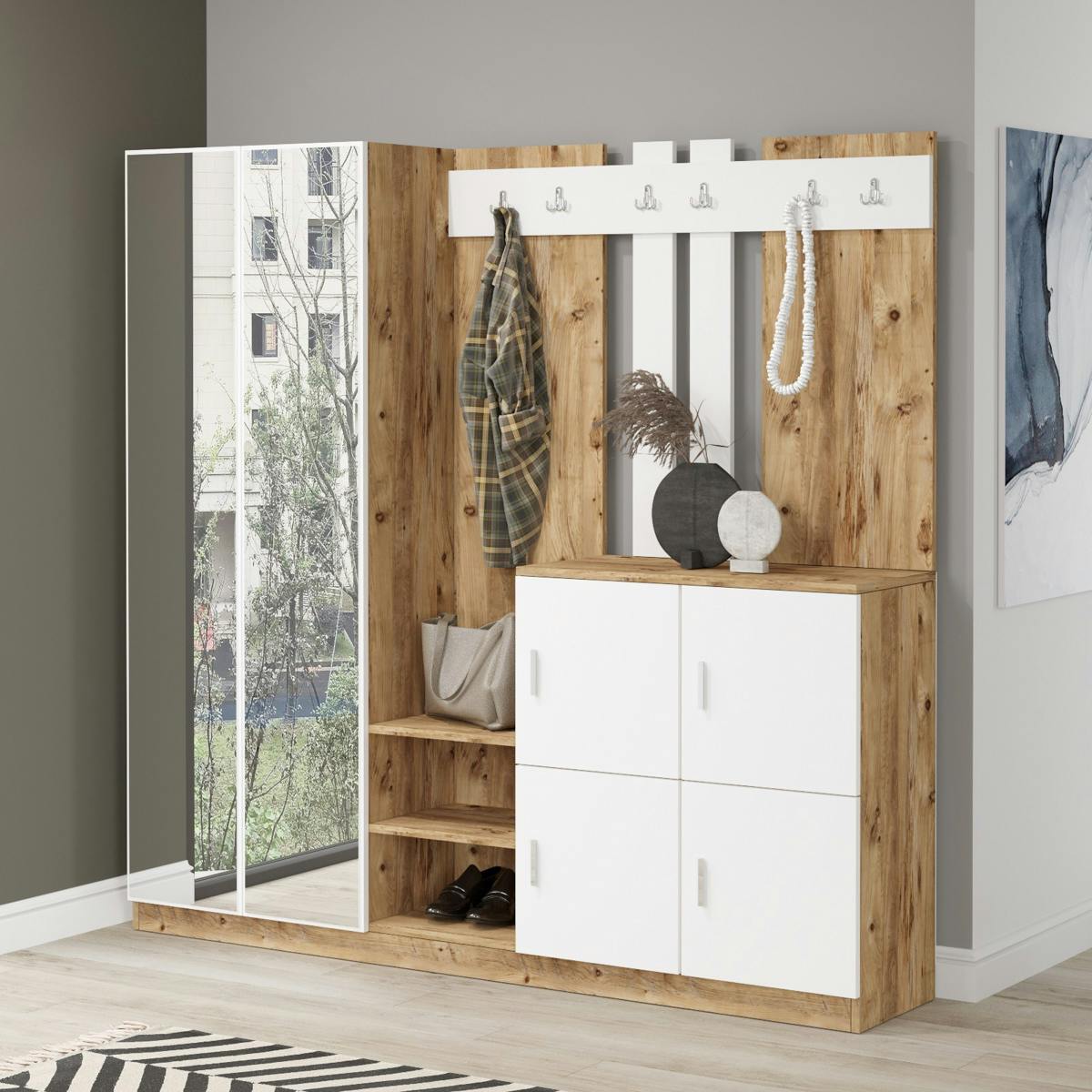 Vestiaire d'entrée 1 miroir 4 portes décor blanc bois MARFA