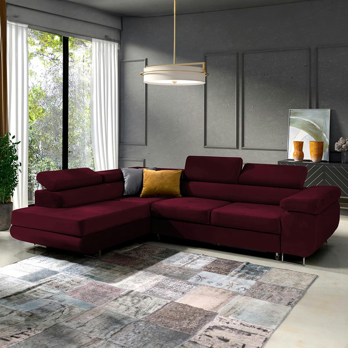- Canapé d'angle convertible gauche 4 places velours bordeaux