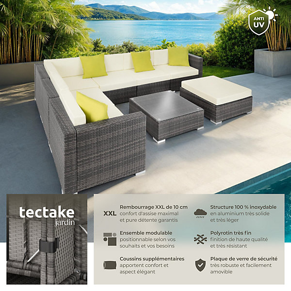Canapé de jardin lounge en résine tressée avec cadre en aluminium gris