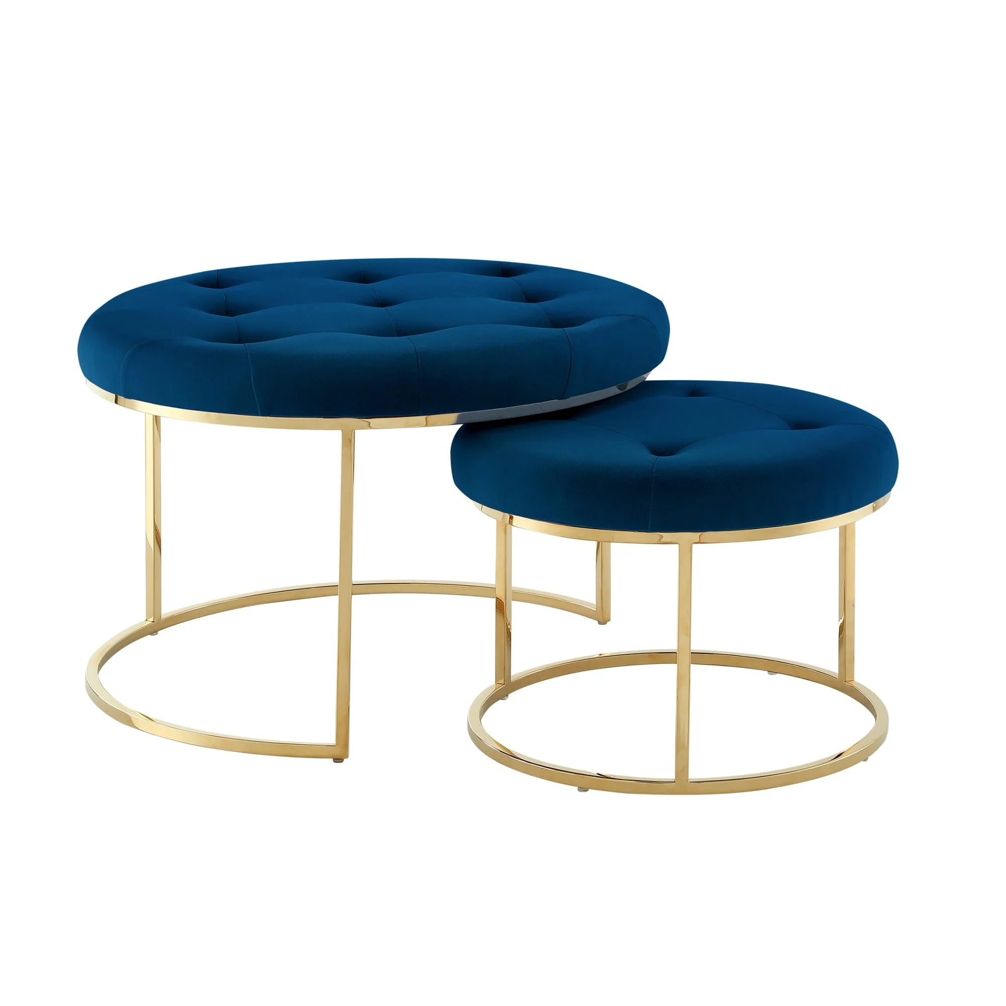 Set of Two Navy Blue Velvet and Gold Tufted Round Ottomans