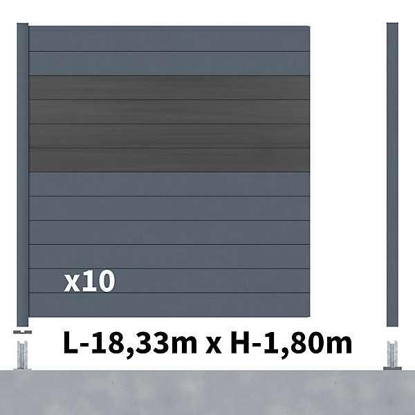 Kit Clôture Aluminium BAHIA &CRUZ Ardoise 18,33x1,8m - Aluminium et bois composite - Poteaux sur Platines gris - Occultation
