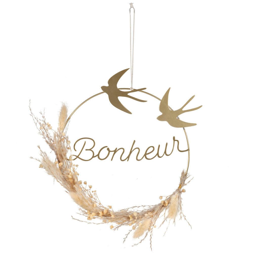 - Déco murale couronne à suspendre en métal doré et fleurs séchées beiges 25x30