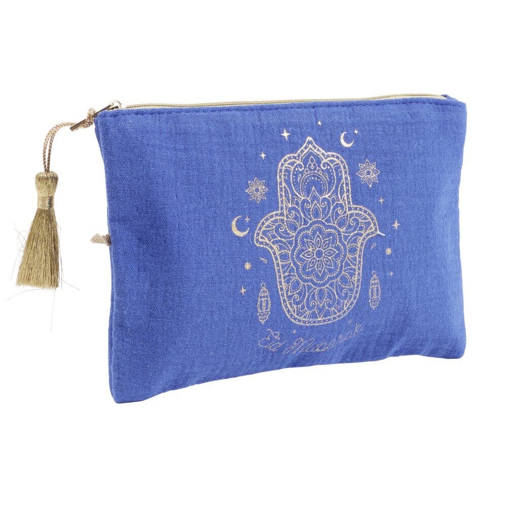 Pochette tissu main de Fatma Eid Mubarak bleue et dorée 14x20cm
