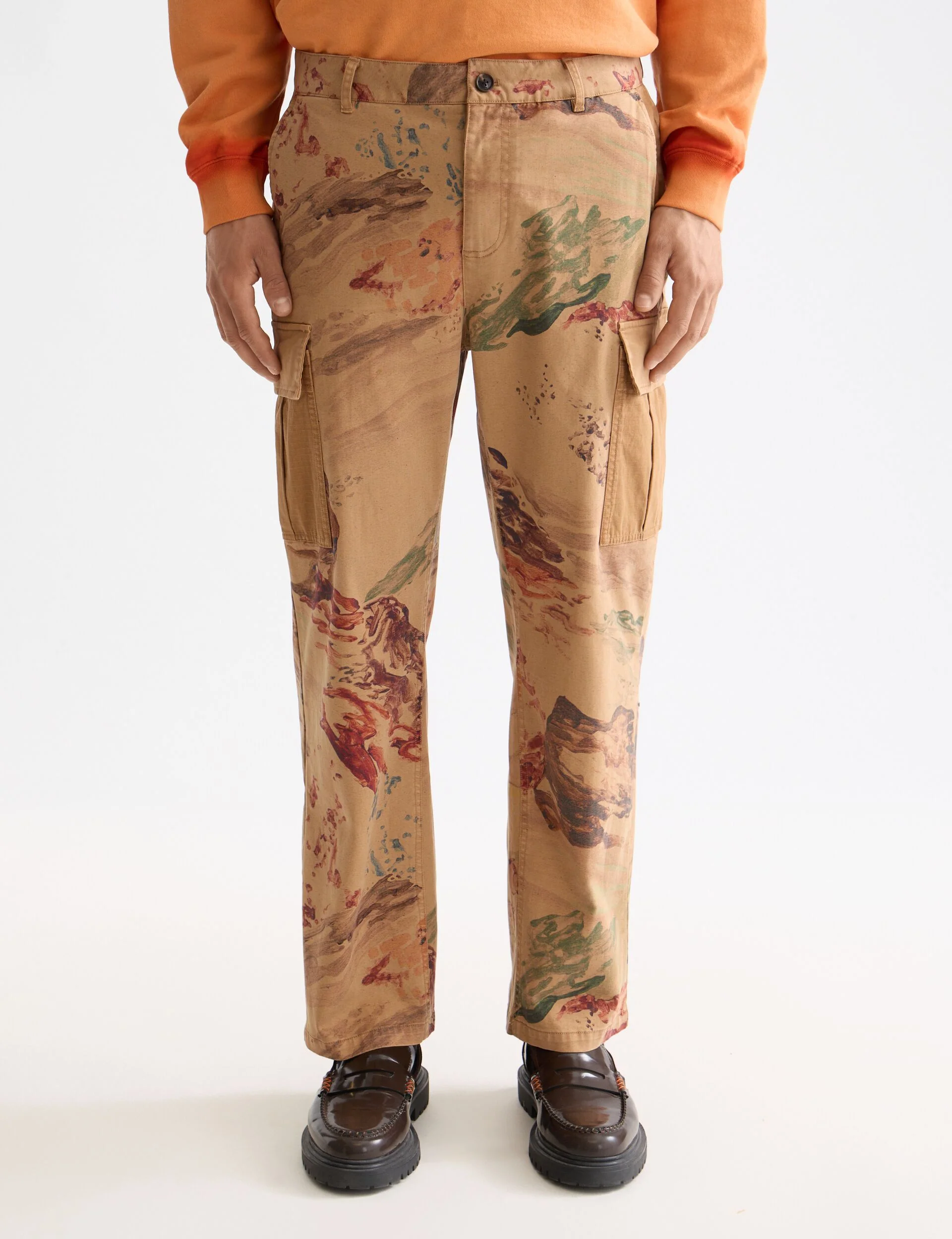 Harper-Printed garment-dyed cotton blend loose tapered cargo