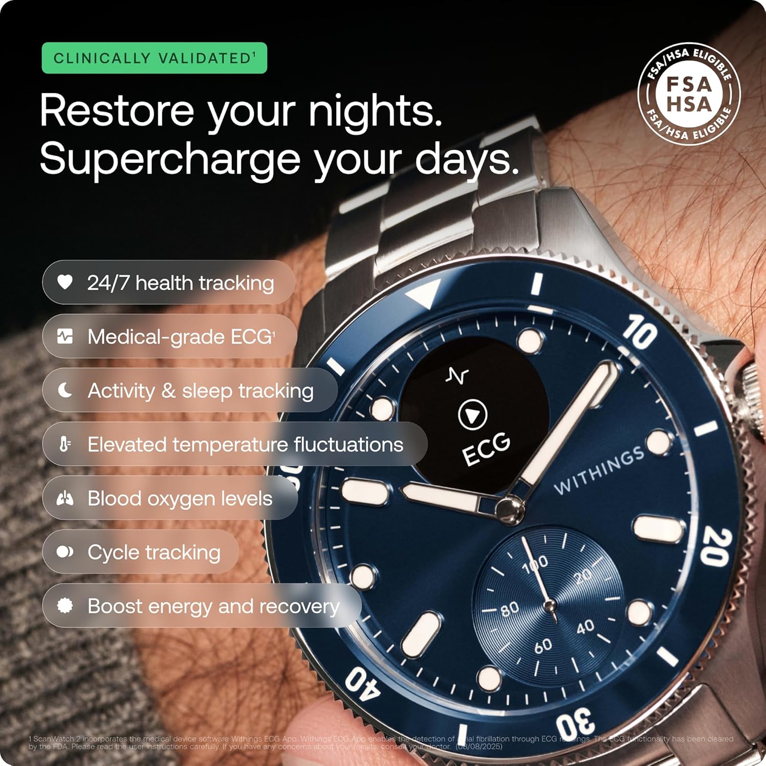 WITHINGS Scanwatch Nova - Heart Health Hybrid Smart Watch for Men & Women - SPO2, Temperature Monitoring, Sleep, Respiratory Health, Cycle Monitoring, 30-day Battery Life, Apple iOS/Android