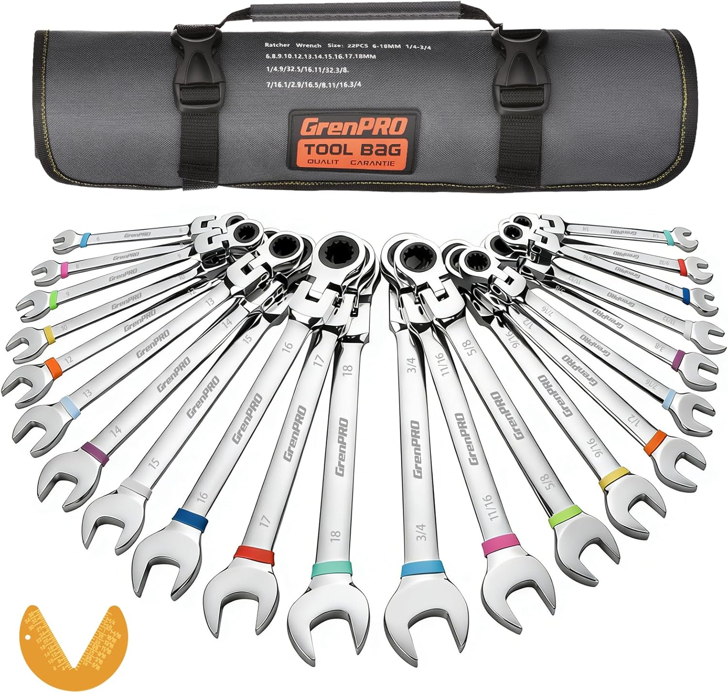 GRENPRO Ratchet Wrenches Set, 23PC Flex Head Ratcheting Wrench Set Metric and Standard & SAE, 6-18mm & 1/4 to 3/4 with Color Ring, CRV Open End Tool Organizer Pouch, Combination Ratchet Wrench Sets