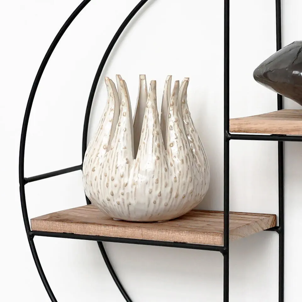 Zwart metalen wandrek met 2 houten plankjes - Rond - 37x10 cm