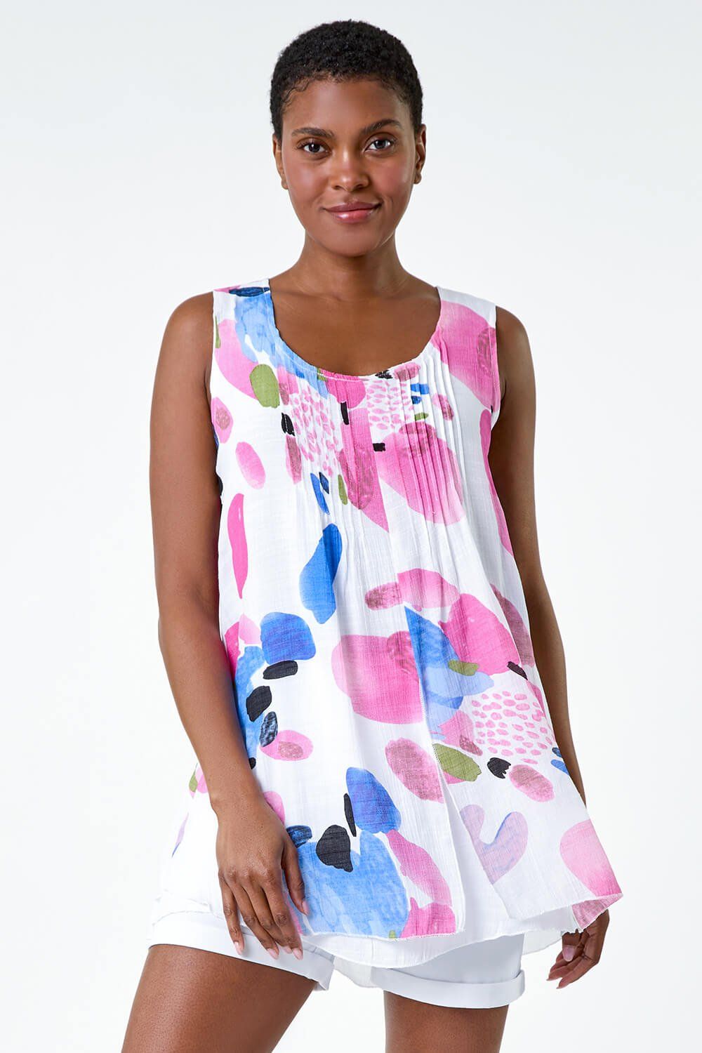 Roman Abstract Print Pintuck Overlay Vest Top