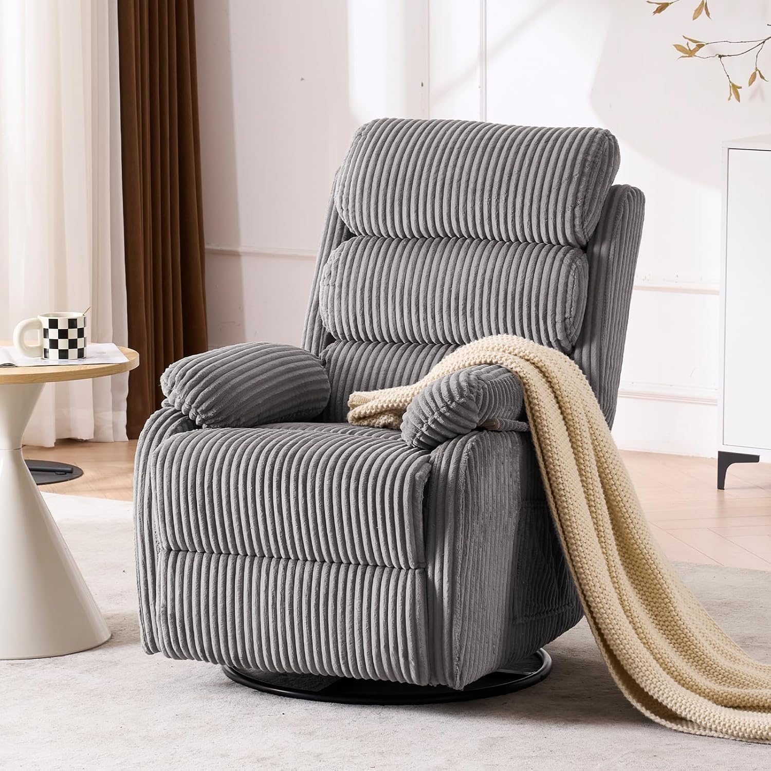 Plush Premium Velvet 360° Swivel Rocker Recliner Chair - High Back Glider with Generous Footrest, Supportive Armrests & Side Pocket for Nursery, Living Room & Small Spaces Grey