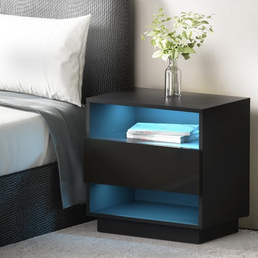 NNEDSZ Artiss Bedside Tables Side Table RGB LED Drawers Nightstand High Gloss Black