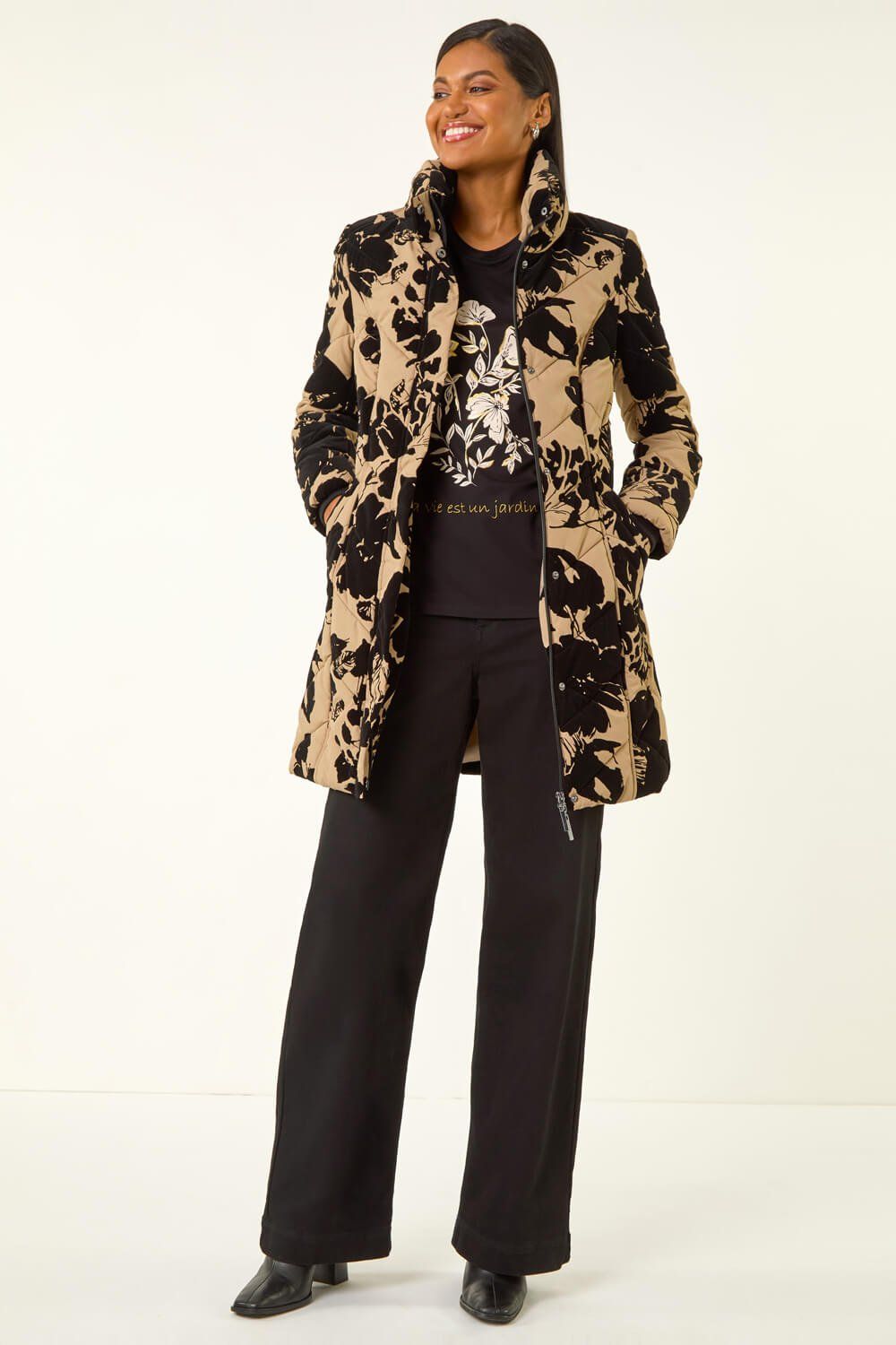 Roman Floral Flock Detail Padded Coat